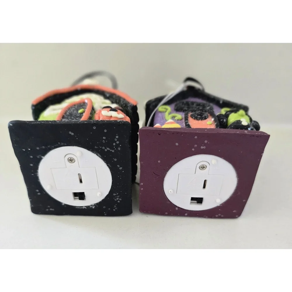 New Set of 2 Halloween Light Up Clay Dough House Ornaments‎  Witch Haunted House